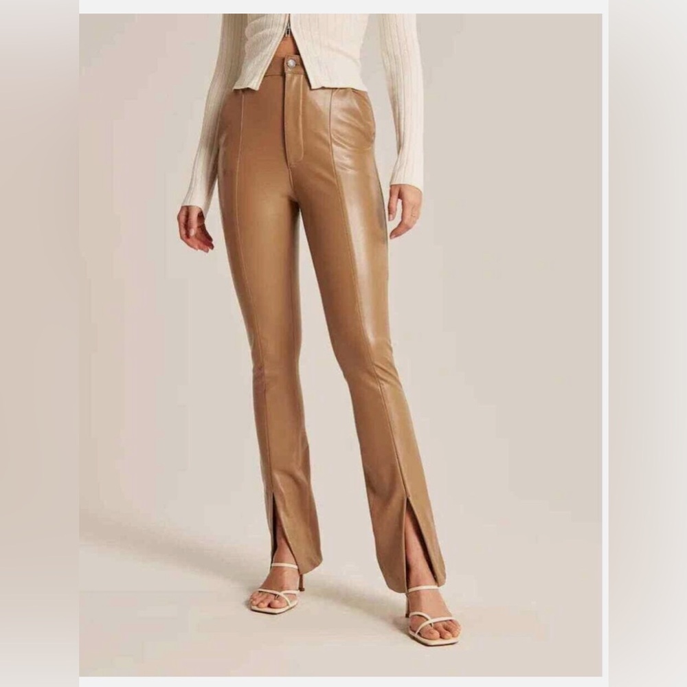Abercrombie & Fitch Skinny Ultra High Rise Faux Leather Split Hem Pants Brown 10